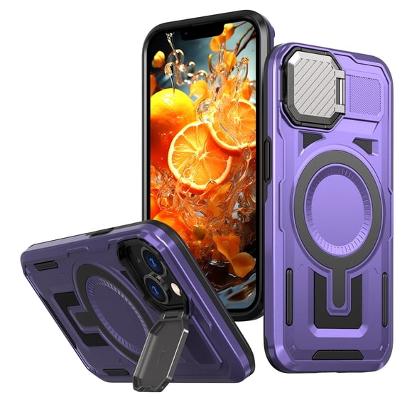 ELEHOLD Magnetic Case for iPhone 15 Pro Max, Military Grade Shockproof Rugged Case Built-in Metal Camera Cover with Stand,Purple