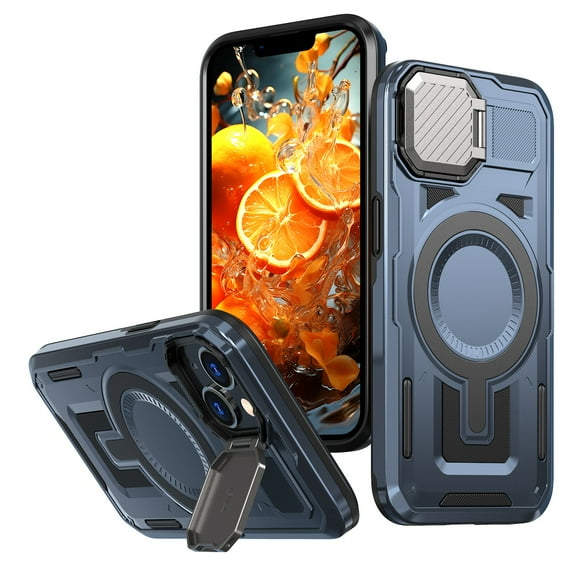 ELEHOLD Magnetic Case for iPhone 15 Pro, Military Grade Shockproof Rugged Case Built-in Metal Camera Cover with Stand,Navyblue