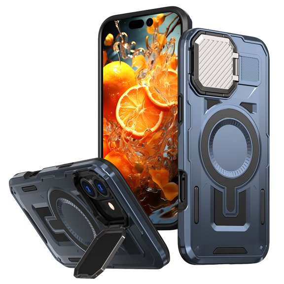 ELEHOLD Magnetic Case for iPhone 16, Military Grade Shockproof Rugged Case Built-in Metal Camera Cover with Stand,Navyblue