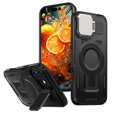 ELEHOLD Magnetic Case for iPhone 16 Plus, Military Grade Shockproof Rugged Case Built-in Metal Camera Cover with Stand,Black