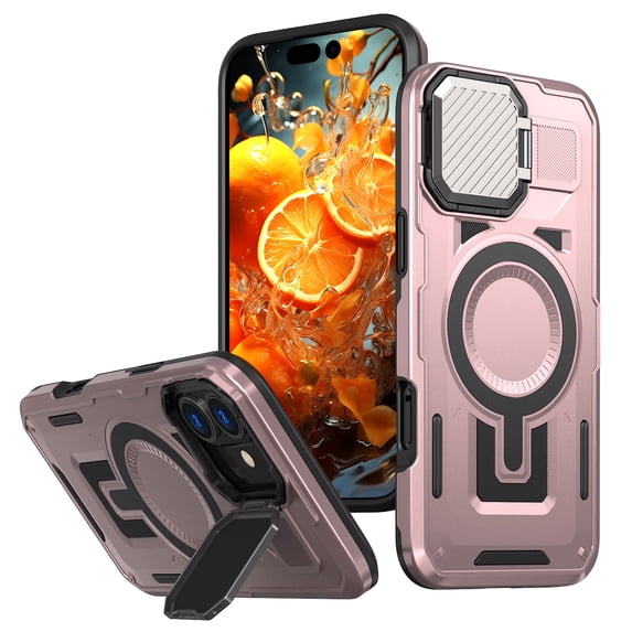 ELEHOLD Magnetic Case for iPhone 16 Plus, Military Grade Shockproof Rugged Case Built-in Metal Camera Cover with Stand,Rosegold
