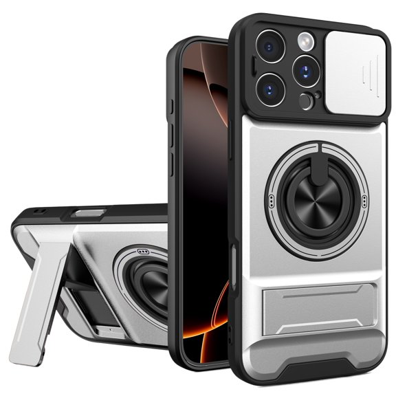 ELEHOLD Magnetic Case for iPhone 16 Pro Max, Shockproof Case with Built-in Kickstand, Car Mount Compatibility, Camera Sliding Cover,Silver