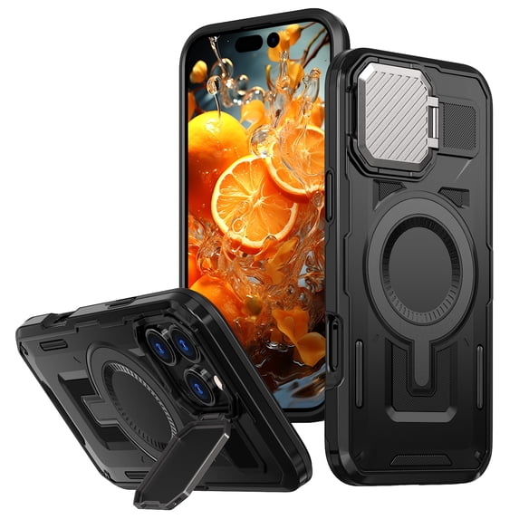 ELEHOLD Magnetic Case for iPhone 16 Pro, Military Grade Shockproof Rugged Case Built-in Metal Camera Cover with Stand,Black