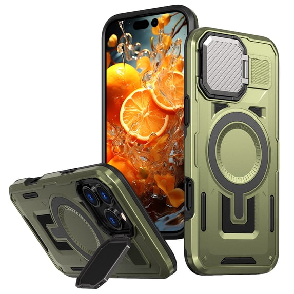 ELEHOLD Magnetic Case for iPhone 16 Pro, Military Grade Shockproof Rugged Case Built-in Metal Camera Cover with Stand,Olivegreen