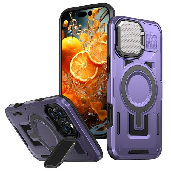 ELEHOLD Magnetic Case for iPhone 16 Pro, Military Grade Shockproof Rugged Case Built-in Metal Camera Cover with Stand,Purple