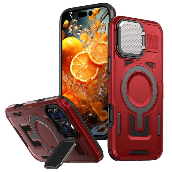 ELEHOLD Magnetic Case for iPhone 16 Pro, Military Grade Shockproof Rugged Case Built-in Metal Camera Cover with Stand,Red