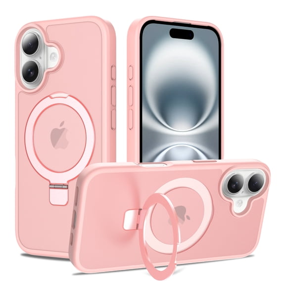 ELEHOLD Magnetic Case for iPhone 16, Shockproof Protective Case with Ring Kickstand,Pink