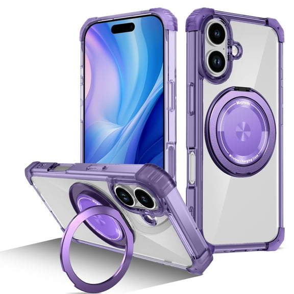 ELEHOLD Magnetic Case for iPhone 17, Clear Shockproof Phone Case with Kickstand,Purple