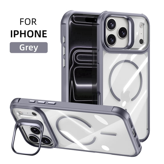 ELEHOLD Magnetic Case for iPhone 17 Pro Max, Clear Shockproof Cover with Bulit in Camera Kickstand, Military-Grade Drop Protection,Gray