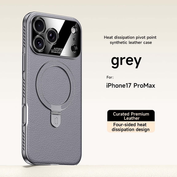 ELEHOLD Magnetic Case for iPhone 17 Pro Max, Shockproof Leather + PC + TPU Protective Case with Stand, Heat Dissipation,Gray
