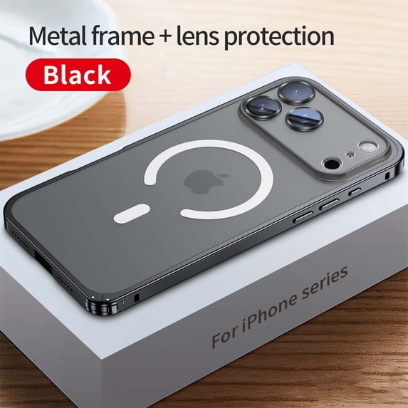 ELEHOLD Magnetic Case for iPhone 17 Pro, Shockproof Metal Frame Frosted Back Case Built in Lens Protector, Wireless Charging Compatible,Black