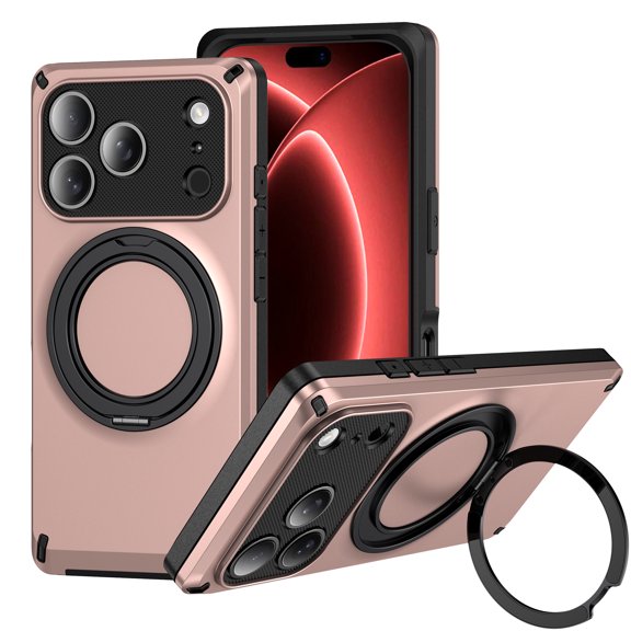 ELEHOLD Magnetic Case for iPhone 17 Pro, Slim Shockproof Protective Cover with 360 Aluminum Ring Stand, Raised Screen Camera Rim, Rosegold