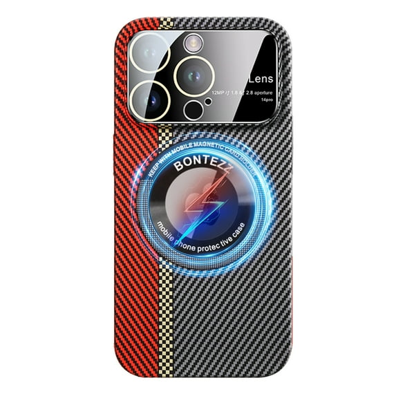 ELEHOLD Magnetic Case for iPhone 12, Compatible with MagSafe, Slim PC Carbon Fiber Texture Case Shockproof Protective Cover with Camera Lens Protector for iPhone 12,Red Green Black