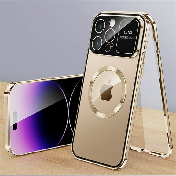 ELEHOLD Magnetic Case for iPhone 12 Full Body Case,Double Sided with Built-in Tempered Glass Screen Protector Metal Frame Camera Lens Protection Shockproof Rugged Case,gold