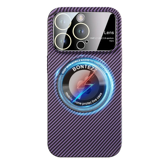 ELEHOLD Magnetic Case for iPhone 12 Pro Max, Compatible with MagSafe, Slim PC Carbon Fiber Texture Case Shockproof Protective Cover with Camera Lens Protector for iPhone 12 Pro Max,Purple