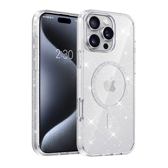 ELEHOLD Magnetic Case For iPhone 13 Pro Glitter Sparking Clear Shockproof Rugged Cover, Anti-Yellowing, MagSafe Compatible, Slim & Lightweight - Clear