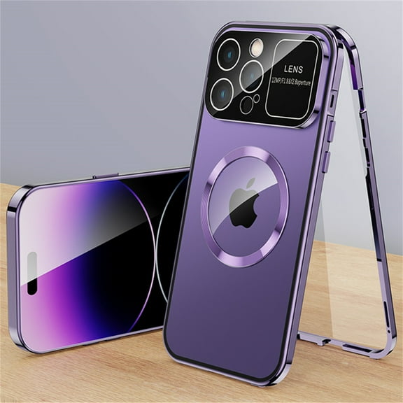 ELEHOLD Magnetic Case for iPhone 14 Full Body Case,Double Sided with Built-in Tempered Glass Screen Protector Metal Frame Camera Lens Protection Shockproof Rugged Case,purple