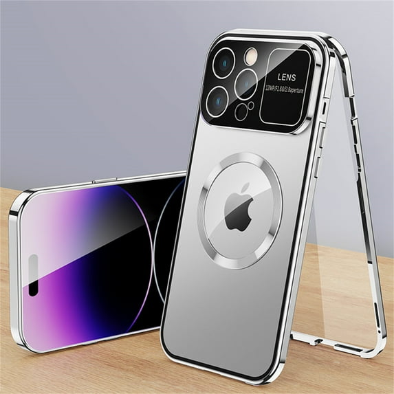 ELEHOLD Magnetic Case for iPhone 14 Plus Full Body Case,Double Sided with Built-in Tempered Glass Screen Protector Metal Frame Camera Lens Protection Shockproof Rugged Case,silver