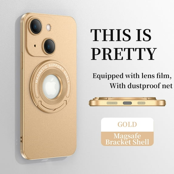 ELEHOLD Magnetic Case for iPhone 15 Plus, Foldable Kickstand Bracket Work with Magnetic Car Mount Lens Film Protection Slim Shockproof Case for iPhone 15 Plus,Gold