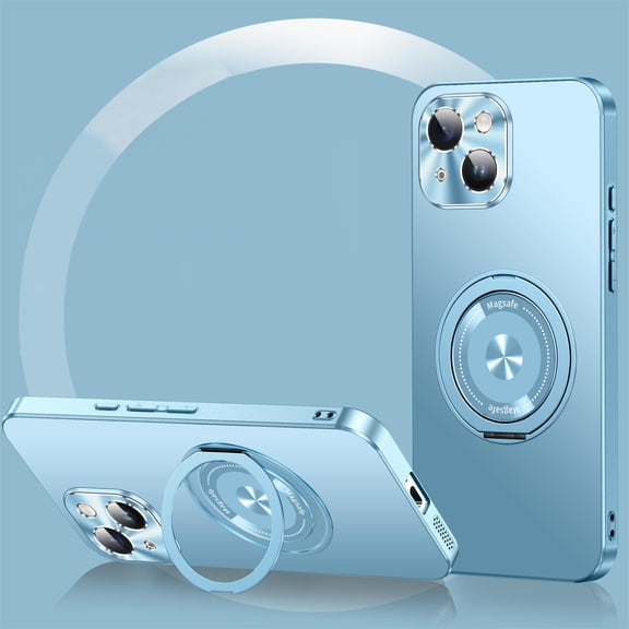 ELEHOLD Magnetic Case For iPhone 15 Plus, Slim Frosted Shockproof Case Rugged Cover, [with 360° Rotable Ring Stand], [Mag Safe Compatible], [Lens All-Inclusive], Blue