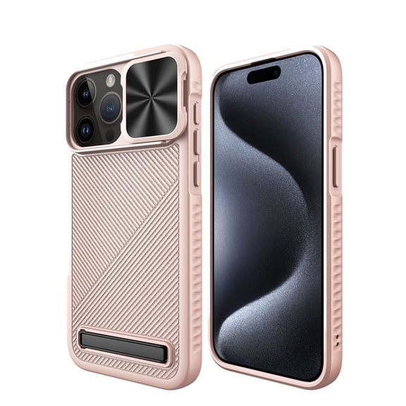 ELEHOLD Magnetic Case for iPhone 15 Pro,Rugged Hard PC Case with Sliding Camera Lens Protector Invisible Kickstand Compatible with Mag Safe Hybrid Shockproof Case for iPhone 15 Pro, Rosegold