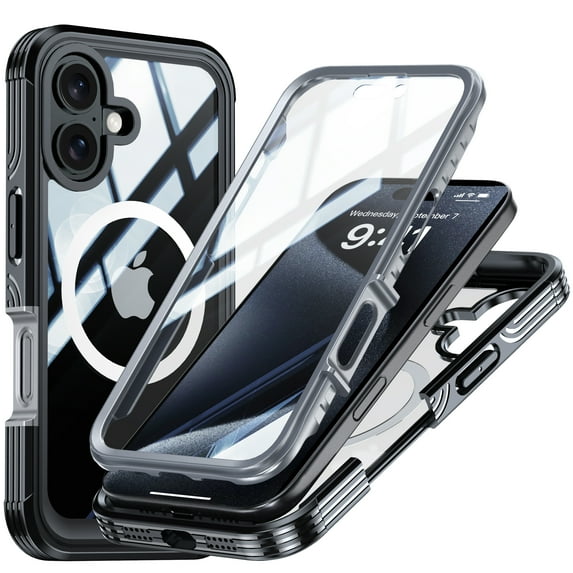 ELEHOLD Magnetic Case for iPhone 16 Case Crystal Clear Compatible with Mag Safe Accessory,Full Body Shockproof Protective with Built-in Screen Protector for iPhone 16,Black