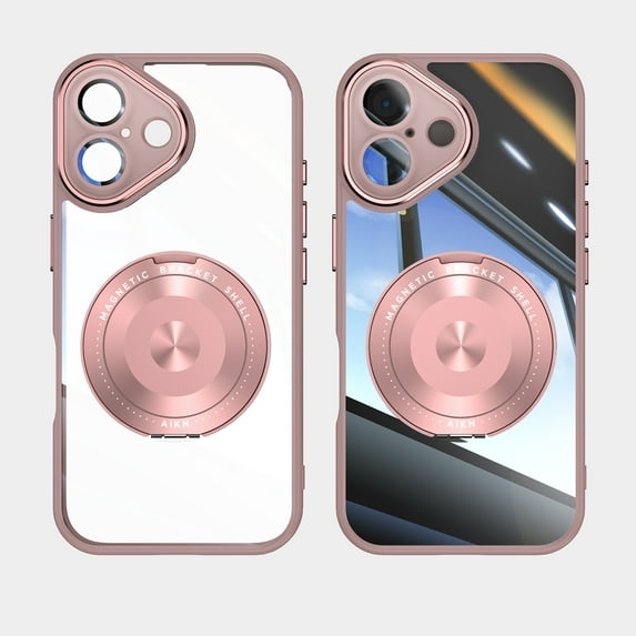 ELEHOLD Magnetic Case for iPhone 16, Compatible with Mag safe Accessory Adjustable Foldable 360° Ring Kickstand Camera Protector Shockproof Rugged Clear Case for iPhone 16,Pink