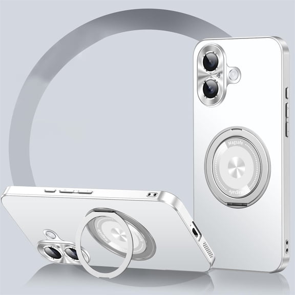 ELEHOLD Magnetic Case For iPhone 16 Plus, Slim Frosted Shockproof Case Rugged Cover, [with 360° Rotable Ring Stand], [Mag Safe Compatible], [Lens All-Inclusive], Silver