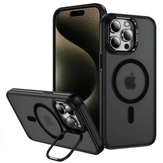 ELEHOLD Magnetic Case for iPhone 16 Pro,Compatible with Mag Safe Accessory, Lens Stand Drop Resistant Matte Skin Feeling Shockproof Back Translucent Cover,Black