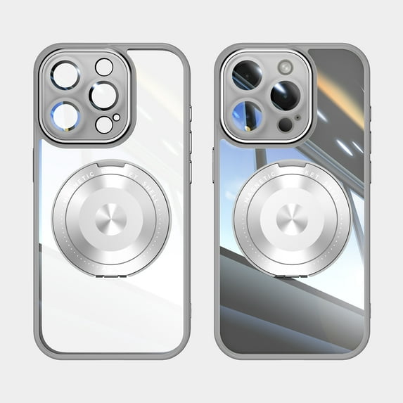 ELEHOLD Magnetic Case for iPhone 16 Pro Max, Compatible with Mag safe Accessory Adjustable Foldable 360° Ring Kickstand Camera Protector Shockproof Rugged Clear Case for iPhone 16 Pro Max,Gray