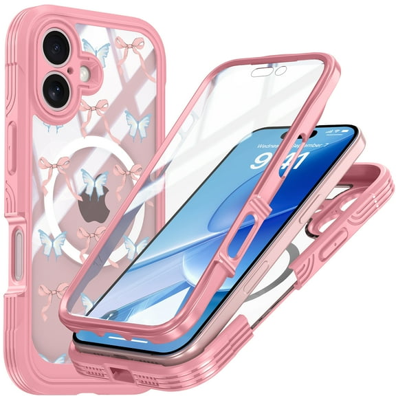 ELEHOLD Magnetic Case for iPhone 17 with Built-in Screen Protector, Compatible with Mag Safe Accessories,Full Body Shockproof Clear Back Protective Case Cover for iPhone 17,Pinkblue