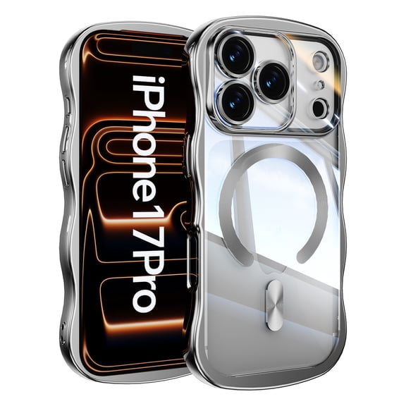 ELEHOLD Magnetic Case For iPhone 17 Pro With Built-in Lens Protector,Compatible with Mag-safe Accessories, Shockproof Plating Curly Wavy Frame Clear Back Cover for Women Men,Silver