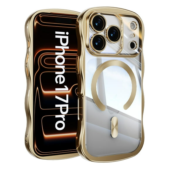 ELEHOLD Magnetic Case For iPhone 17 Pro With Built-in Lens Protector,Compatible with Mag-safe Accessories, Shockproof Plating Curly Wavy Frame Clear Back Cover for Women Men,Gold