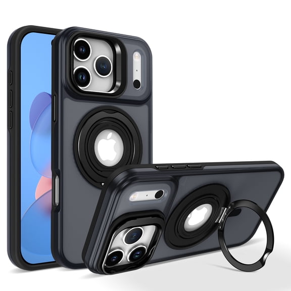 ELEHOLD Magnetic Case For iPhone 17 Pro with Invisible Magnetic O-Ring Stand ,Compatible with Mag-Safe Accessories Military-Grade Translucent CaseGreat Grip Feeling,Black