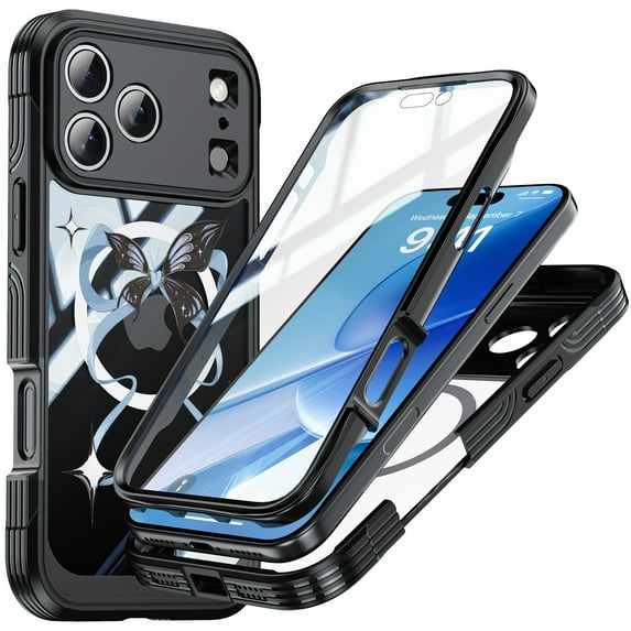 ELEHOLD Magnetic Case for iPhone 17 Pro Max with Built-in Screen Protector, Compatible with Mag Safe Accessories,Full Body Shockproof Clear Back Protective Case Cover for iPhone 17 Pro Max,Blue