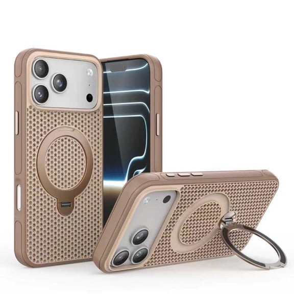 ELEHOLD Magnetic Case for iPhone 17 Pro Max, Cooling Breathable Mesh Shockproof Cover with 360 Ring Stand, Compatible with Wireless Charging,Desert Gold