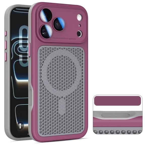 ELEHOLD Magnetic Case for iPhone 17 Pro Max, Shockproof Breathing Cooling Cover with Built in Lens Protector, Raised Edge Protection Screen and Camera, Winered