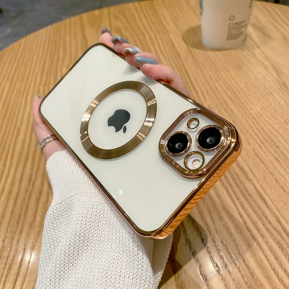 ELEHOLD Magnetic Clear Case for iPhone 15,Transparent Clear Back Compatible with MagSafe Camera Lens Protection Film Slim Shockproof Case for iPhone 15, 6.1 Inch, Gold