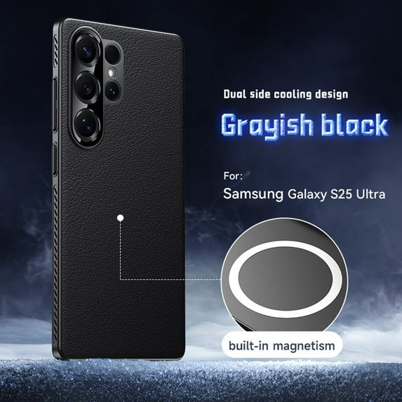 ELEHOLD Magnetic Cooling Leather Case for Samsung Galaxy S25 Ultra, Ultra-Thin PC + Leather Hybrid Precision Camera Protection Heat Dissipation Mag-Safe Compatible Shockproof Case,Black