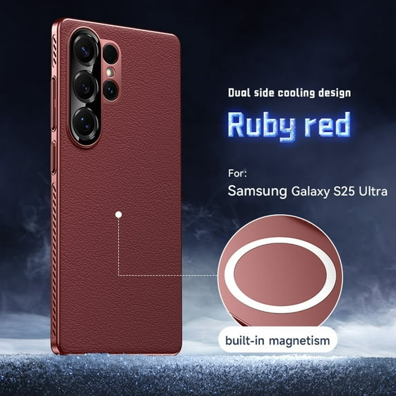 ELEHOLD Magnetic Cooling Leather Case for Samsung Galaxy S25 Ultra, Ultra-Thin PC + Leather Hybrid Precision Camera Protection Heat Dissipation Mag-Safe Compatible Shockproof Case,Winered