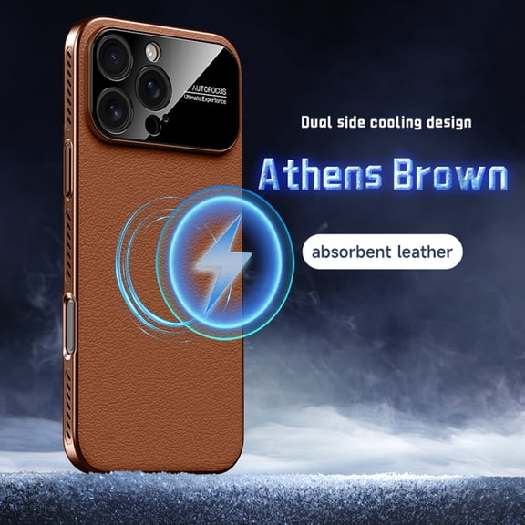 ELEHOLD Magnetic Cooling Leather Case for iPhone 15 Pro Max, Ultra-Thin PC + Leather Hybrid Precision Camera Protection Heat Dissipation Mag-Safe Compatible Shockproof Case,Brown