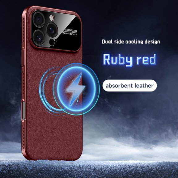 ELEHOLD Magnetic Cooling Leather Case for iPhone 16 Pro Max, Ultra-Thin PC + Leather Hybrid Precision Camera Protection Heat Dissipation Mag-Safe Compatible Shockproof Case,Winered