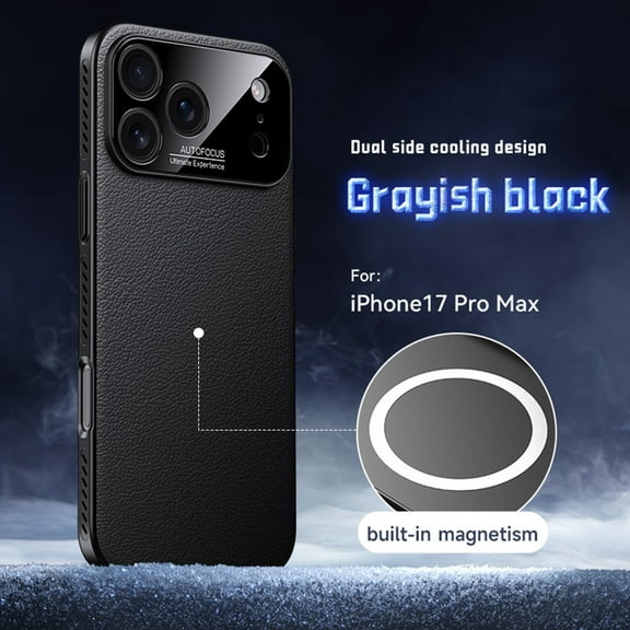 ELEHOLD Magnetic Cooling Leather Case for iPhone 17 Pro Max, Ultra-Thin PC + Leather Hybrid Precision Camera Protection Heat Dissipation Mag-Safe Compatible Shockproof Case,Black