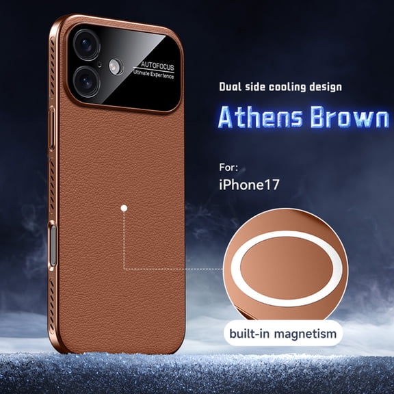 ELEHOLD Magnetic Cooling Leather Case for iPhone 17, Ultra-Thin PC + Leather Hybrid Precision Camera Protection Heat Dissipation Mag-Safe Compatible Shockproof Case,Brown