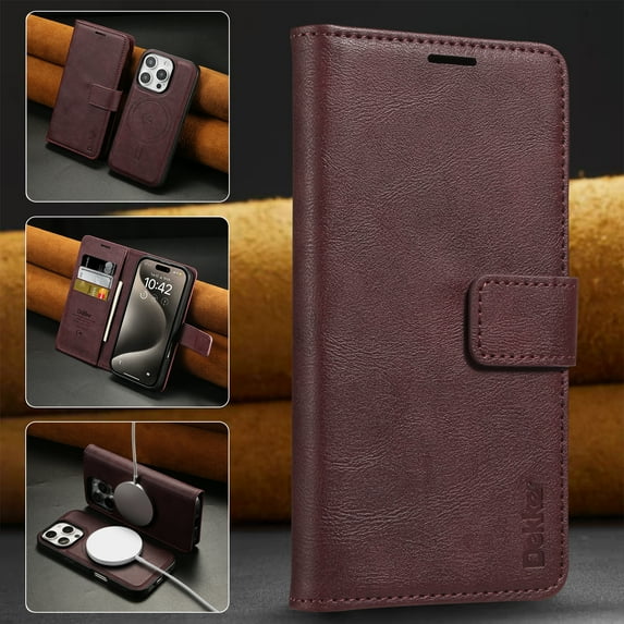 ELEHOLD Magnetic Detachable Case For iPhone 14 Plus, Removable 2 in 1 Wireless Charging RFID Blocking Card Holders PU Leather Magnetic Detachable Folding Stand Folio Case,Red