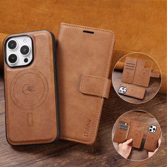 ELEHOLD Magnetic Detachable Case For iPhone 16 Pro Max, Removable 2 in 1 Wireless Charging RFID Blocking Card Holders PU Leather Magnetic Detachable Folding Stand Folio Case,Brown