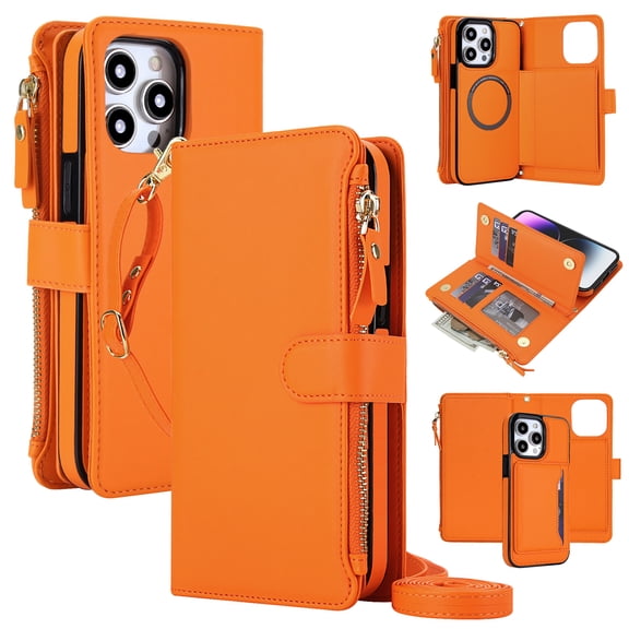 ELEHOLD Magnetic Detachable PU Leather Flip Card Slots Wallet Cell Phone Case With Crossbody Strap for Apple iPhone 12 Pro / 12 6.1",Orange