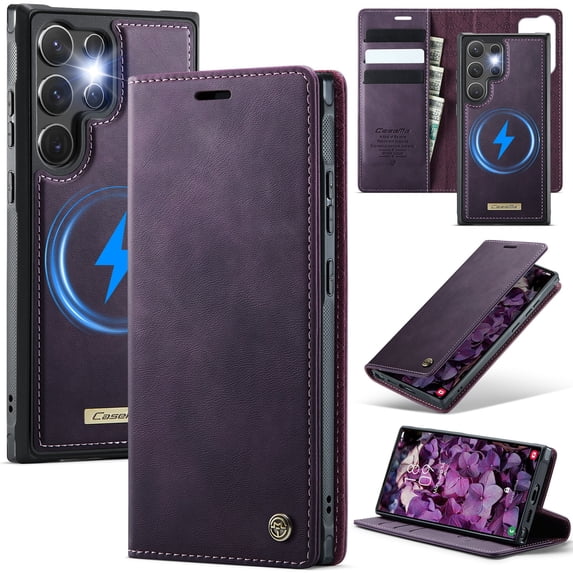 ELEHOLD Magnetic Detachable Wallet Case for Samsung Galaxy S21 Ultra, Shockproof Faux Leather Stand RFID Card Slots Detachable Mag-Safe Magnetic Case Cover,Removable Back Shell,Purple