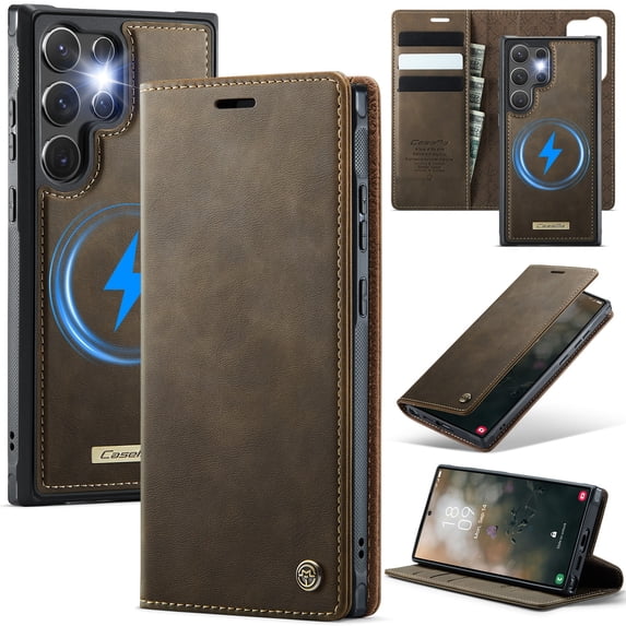 ELEHOLD Magnetic Detachable Wallet Case for Samsung Galaxy S22 Plus, Shockproof Faux Leather Stand RFID Card Slots Detachable Mag-Safe Magnetic Case Cover,Removable Back Shell,Coffee