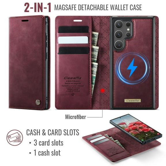 ELEHOLD Magnetic Detachable Wallet Case for Samsung Galaxy S24 Ultra, Shockproof Faux Leather Stand RFID Card Slots Detachable Mag-Safe Magnetic Case Cover,Removable Back Shell,Red